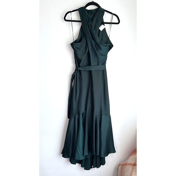 NWT Taylor Halter Neck Midi Dress Green Cross Satin Sleeveless Fit Flare Mermaid - Picture 2 of 11
